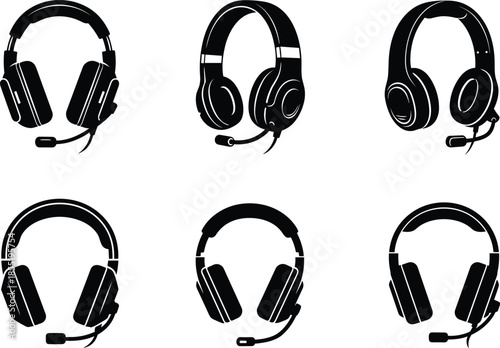Headset silhouettes, over-ear headphones, microphone attached, black illustration, audio gear, gaming headset, communication device, tech design, sound equipment, variation