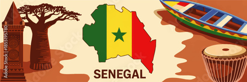 Senegal culture illustration with flag map, African baobab tree, monument, colorful pirogue boat and traditional djembe drum