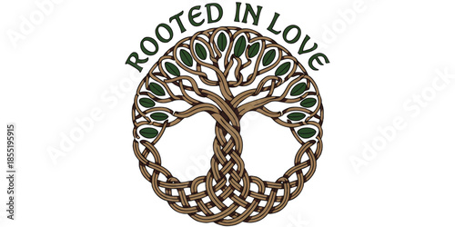 Rooted in Love Celtic Tree of Life illustration, intertwined knotwork branches and roots, green leaves, romantic family heritage art