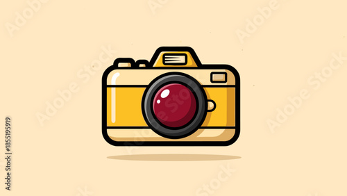 Cartoon illustration of a yellow camera with a red lens on a beige background.