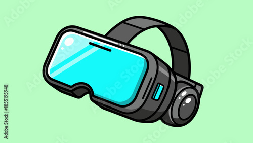 Cartoon illustration of a virtual reality headset with a light blue screen and a black strap on a light green background.