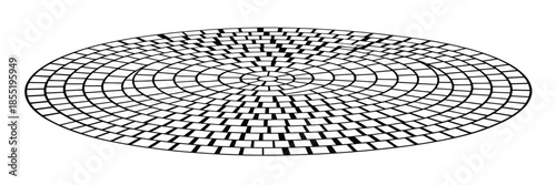 Detailed geometric circular radial paving pattern illustration forming a seamless cobblestone stone floor texture, high contrast black and white perspective design
