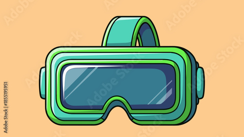 Cartoon VR headset with green frame and blue lenses on orange background.