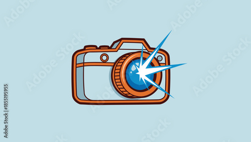 Cartoon camera with flash on light blue background.