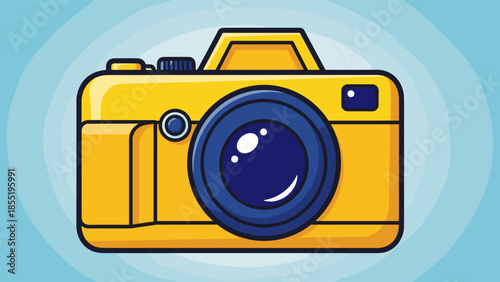 Cartoon illustration of a yellow camera with a blue lens on a light blue background.