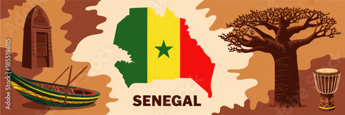 Senegal culture illustration with flag map, baobab tree, djembe drum, African boat and monument on warm earthy background