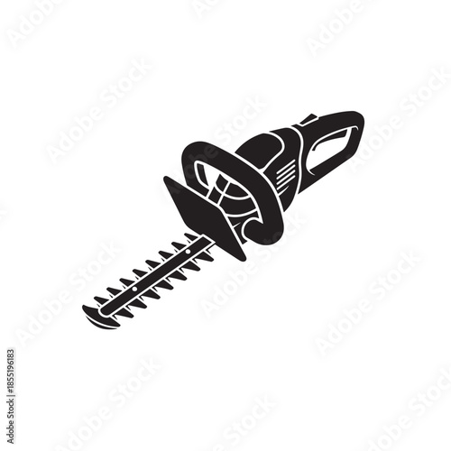 Hedge trimmer illustration in modern minimalist style with bold black lines on white background for gardening tools