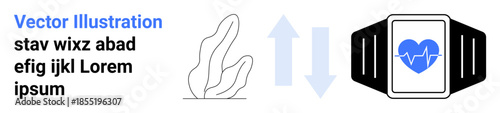 Health monitoring, fitness tracking, wearable devices, technology, smart living, wellness apps. Smartwatch with heart rate icon and two arrows indicating data flow. Health monitoring and fitness
