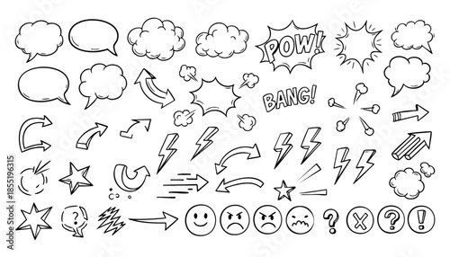 Comic boom cartoon effect line element set. Comic speech bubble pow, boom text, explosive splash smoke, wow cartoon vector icon. Hand drawn sketch doodle explosive element. Vector illustration. EPS.