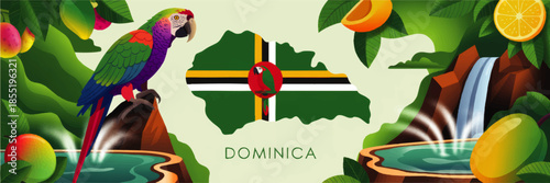 Tropical Dominica island illustration with national flag, Sisserou parrot, rainforest waterfalls and exotic Caribbean fruits