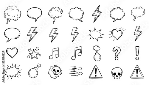 Comic boom cartoon effect line element set. Comic speech bubble pow, boom text, explosive splash smoke, wow cartoon vector icon. Hand drawn sketch doodle explosive element. Vector illustration.