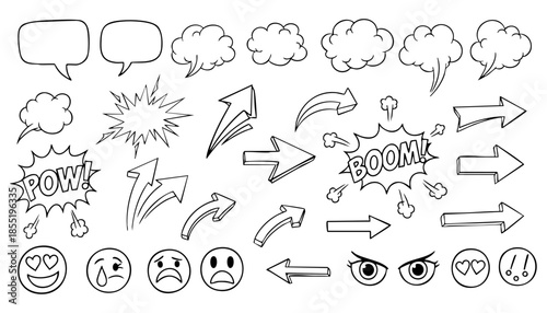 Comic boom cartoon effect line element set. Comic speech bubble pow, boom text, explosive splash smoke, wow cartoon vector icon. Hand drawn sketch doodle explosive element. Vector illustration.