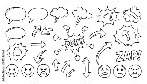 Comic boom cartoon effect line element set. Comic speech bubble pow, boom text, explosive splash smoke, wow cartoon vector icon. Hand drawn sketch doodle explosive element. Vector illustration.