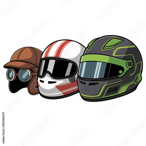 Vintage to modern racing helmets illustration set, three detailed cartoon motorcycle and car helmets on transparent background