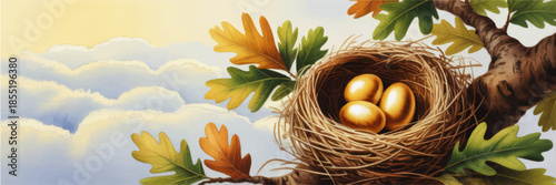Golden eggs in bird nest on oak tree branch above clouds, dreamy sunrise sky, investment wealth and future security concept illustration