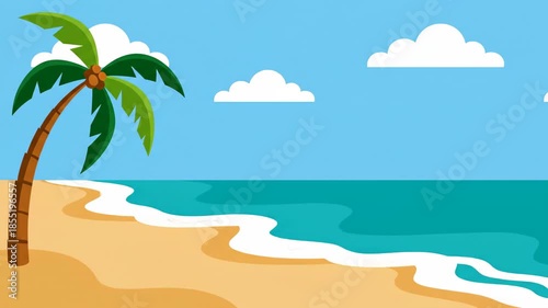 Tropical Beach with Palm Tree and Ocean Waves
