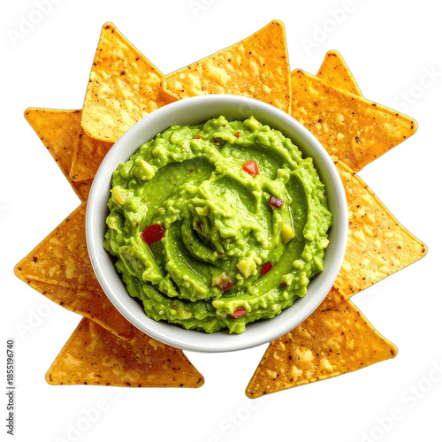 A vibrant bowl of fresh guacamole surrounded by crispy tortilla chips against a black background.