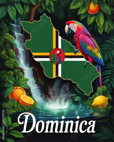 Dominica tropical travel poster with island flag map, colorful parrot, rainforest waterfall, citrus fruits and emerald hot spring illustration