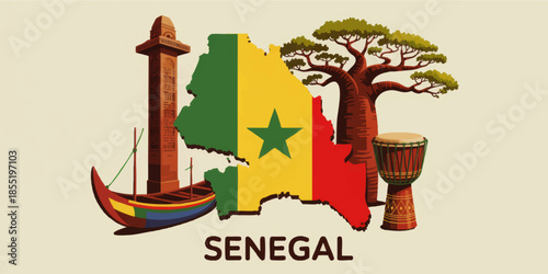Senegal travel illustration with flag map, baobab tree, African drum, monument and colorful pirogue boat on beige background
