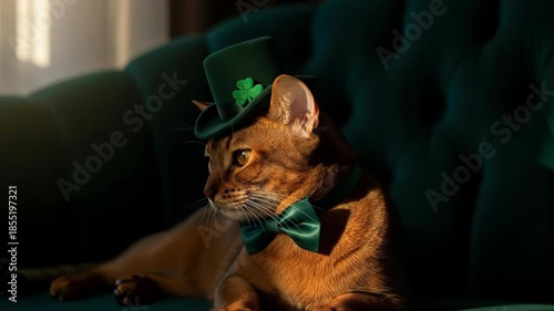 Charming Abyssinian cat wearing a green hat and bow tie relaxing on a sofa. Concept of festive celebration and luck