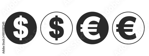 Dollar euro currency graphics illustrating exchange rate symbols, digital banking wallet icons, payment indicators, profit and income concepts