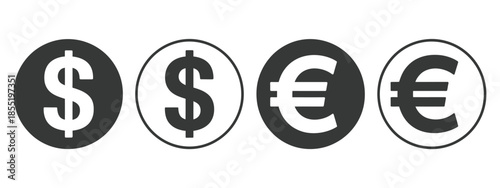 Dollar euro currency graphics showcasing exchange symbols, banking wallet icons, payment indicators, and income concepts, ideal for fintech interfaces, business materials, digital payments