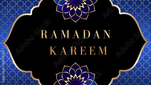 Premium Ramadan Kareem greeting card and festive banner with golden lettering, decorative mandalas and arabesque ornaments on black and blue background.