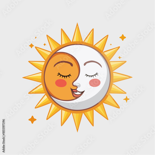 Cartoon sun and moon face illustration with closed eyes and smiling, surrounded by sun rays.