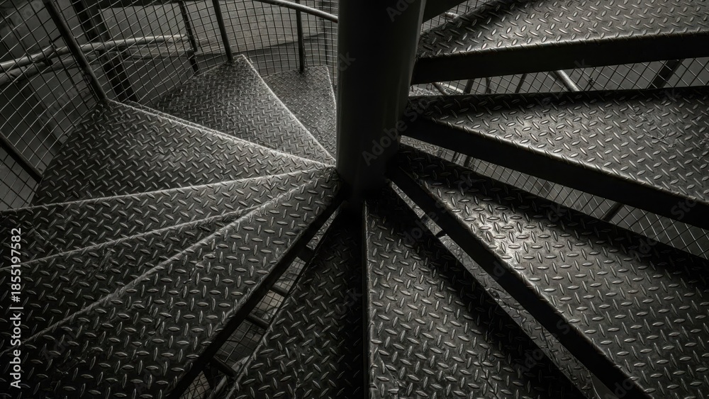 Obraz premium Spiral staircase with metal steps and railings in a dark and moody atmosphere