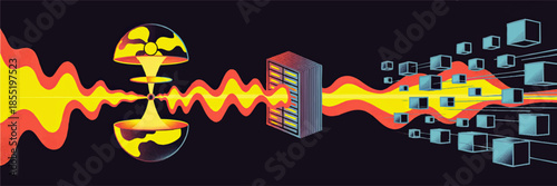 Futuristic quantum data flow abstraction with server, energy waves and digital cubes on dark background, vibrant tech illustration