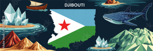 Djibouti map with national flag, whale shark, desert mountains and crystal islands, colorful travel tourism vector illustration
