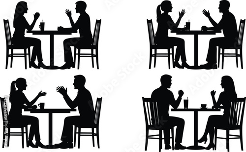 Couple conversation silhouettes at cafe table isolated on white background showing dating discussion coffee meeting and social relationship moments