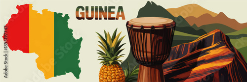 Guinea vector illustration with flag map, African djembe drum, pineapple fruit and colorful mountain landscape travel background