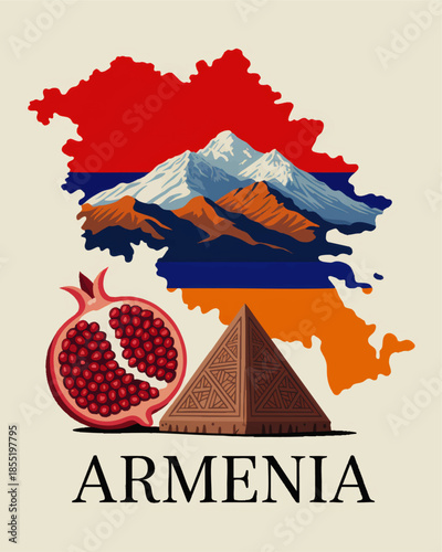 Armenia travel poster with Mount Ararat, national flag map, pomegranate fruit and traditional architecture illustration