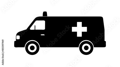 Black silhouette of an emergency ambulance vehicle with a white cross symbol on its side, representing healthcare services
