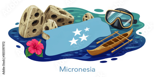 Micronesia travel illustration with national flag, coral rock formations, hibiscus flower, outrigger canoe and snorkeling mask on tropical ocean