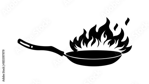 Vibrant graphic of a hot frying pan with intense flames, symbolizing energetic cooking, a kitchen fire, or passionate culinary heat, perfect for food and safety design assets