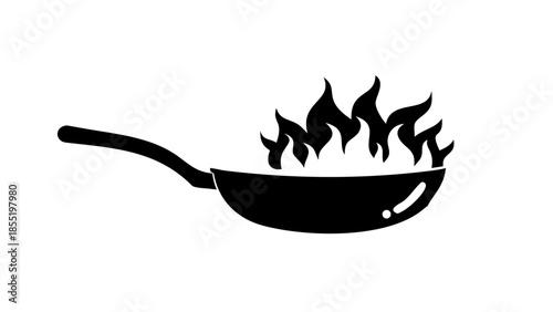 Dynamic illustration of a hot cooking pan with vibrant flames, symbolizing intense heat and culinary action