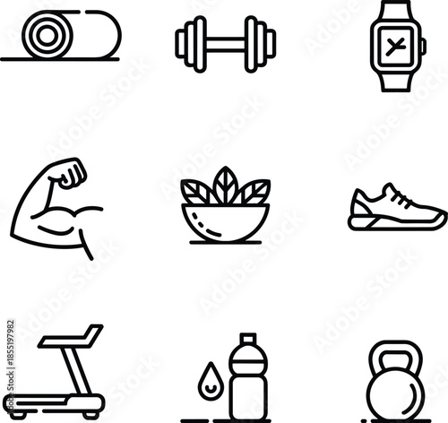 fitness gym line icon set workout training healthy lifestyle nutrition sport equipment ui ux outline symbols vector