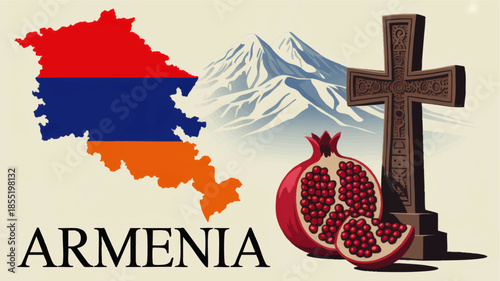 Armenia cultural illustration with flag map Mount Ararat pomegranate fruit and Armenian khachkar stone cross on vintage background