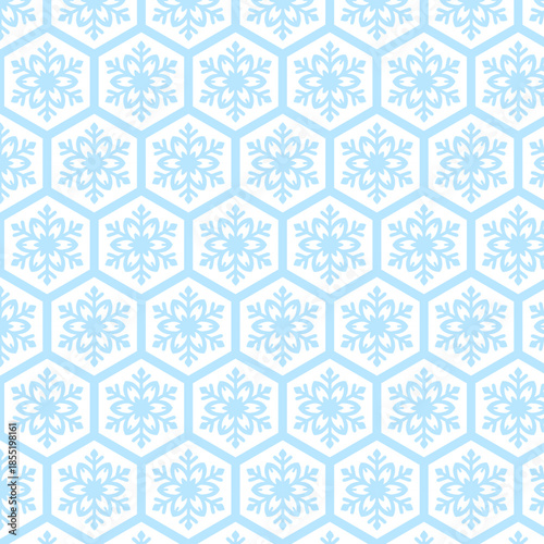 Light winter seamless pattern with sky blue snowflakes on soft sand hexagonal tiles. Suitable for Nordic-inspired design, packaging, wrapping paper and textiles.