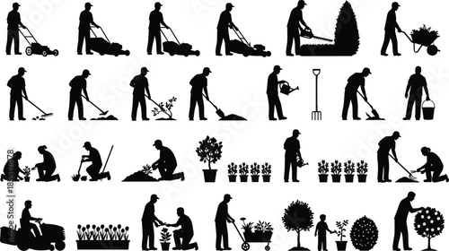 Gardening worker silhouette set showing lawn mowing, planting, watering, trimming, landscaping activities for agriculture, gardening services, and outdoor work concepts