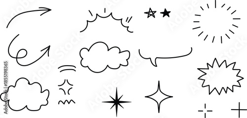 A collection of hand drawn cartoon style graphics and speech bubbles