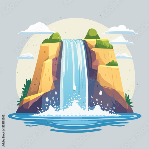 Cartoon illustration of a waterfall cascading down a rocky cliff into a pool of water, with clouds in the background.