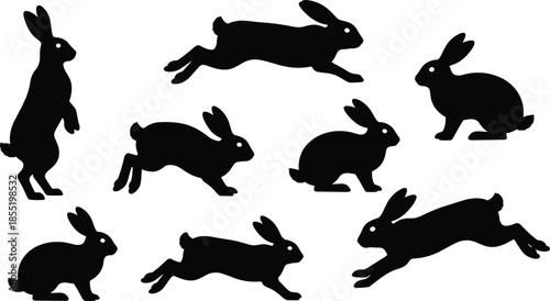 Rabbit and hare silhouettes collection isolated on white background showing running jumping sitting and standing poses for wildlife design use