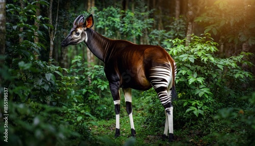 Rare Okapi Standing in Lush Rainforest