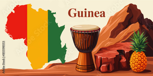 Guinea travel culture background with Africa map flag colors, traditional djembe drum, rocky landscape and pineapple illustration