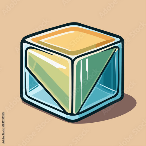 Cartoon ice cube with yellow and green colors on a beige background.