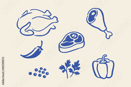 Meat and vegetables simple sketch line drawing vector illustration