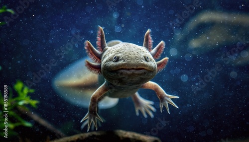 Captivating Axolotl Portrait Underwater in Blue Water